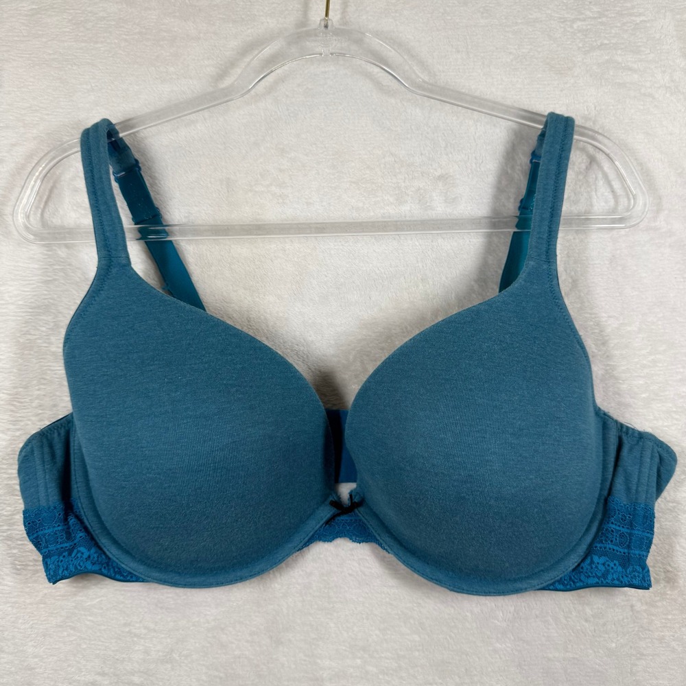 Cacique‎ Plunge Bra 44C Teal Blue Cotton Blend Lace Trim Underwire